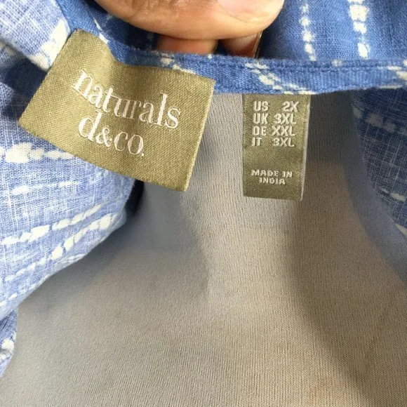 Denim & Co. Naturals Printed Linen Blend Peplum Blouse Plus Size 2X Blue/White - Picture 7 of 11